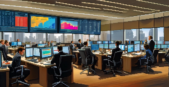 A trading room with diverse analysts engaged in market analysis, featuring bright screens and a dynamic atmosphere.