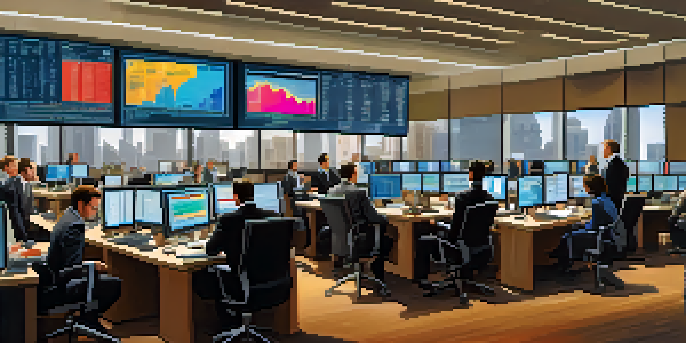 A trading room with diverse analysts engaged in market analysis, featuring bright screens and a dynamic atmosphere.