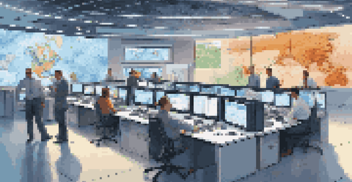 A busy telecommunications control room with professionals working together, featuring large screens and modern technology.