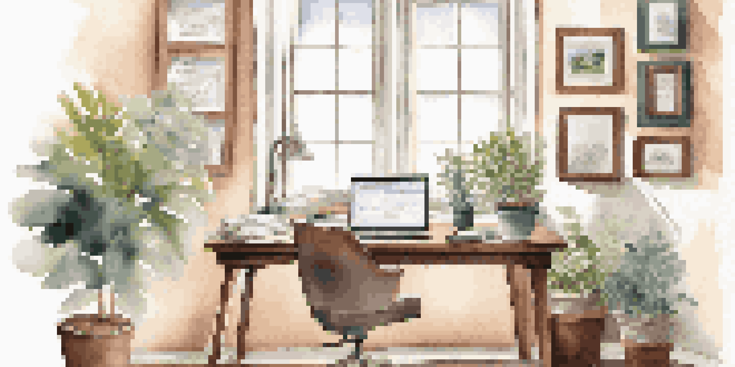 A cozy home office with a desk, laptop, and financial documents, illuminated by natural light.