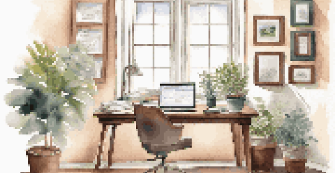 A cozy home office with a desk, laptop, and financial documents, illuminated by natural light.