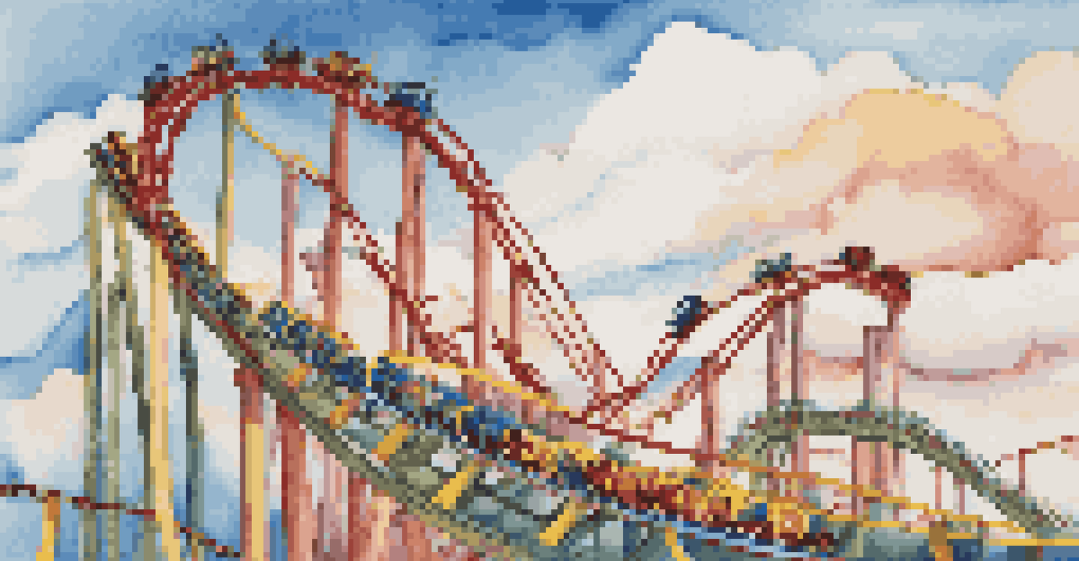 A colorful rollercoaster illustrating the volatility of the stock market with riders expressing different emotions.