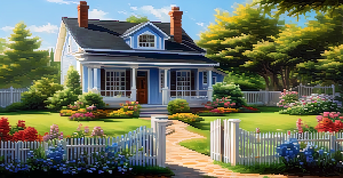 A peaceful landscape with a traditional home and a colorful garden under a clear blue sky.