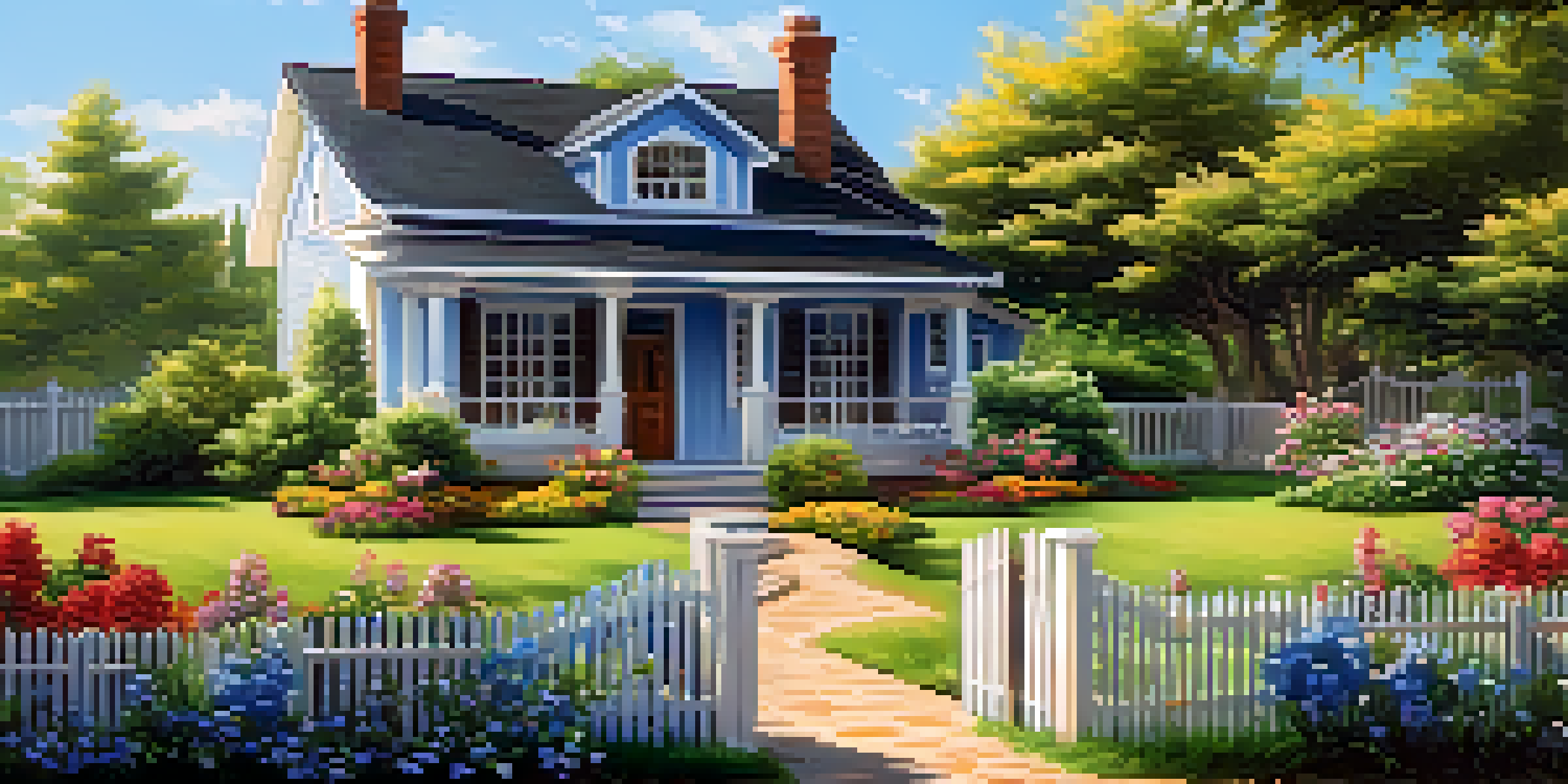 A peaceful landscape with a traditional home and a colorful garden under a clear blue sky.
