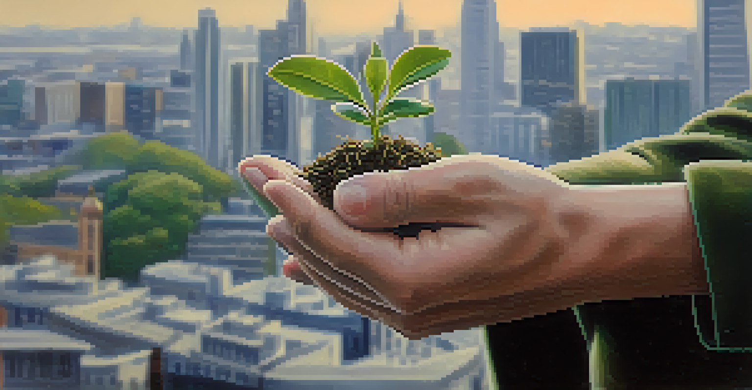 Close-up of hands holding a small plant with roots, with a blurred city skyline in the background, emphasizing the relationship between nature and urban life.