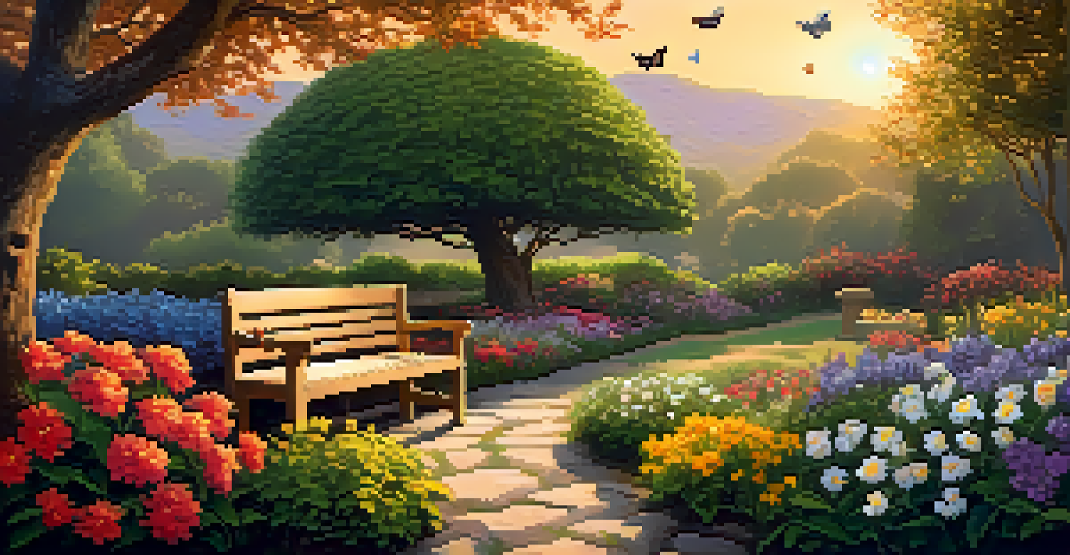 A colorful garden with blooming flowers, butterflies, a wooden bench, and a sunset casting a warm glow over the scene.