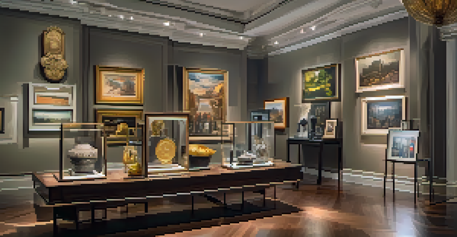 An elegant gallery showcasing art, collectibles, and cryptocurrencies, highlighted by dramatic lighting.