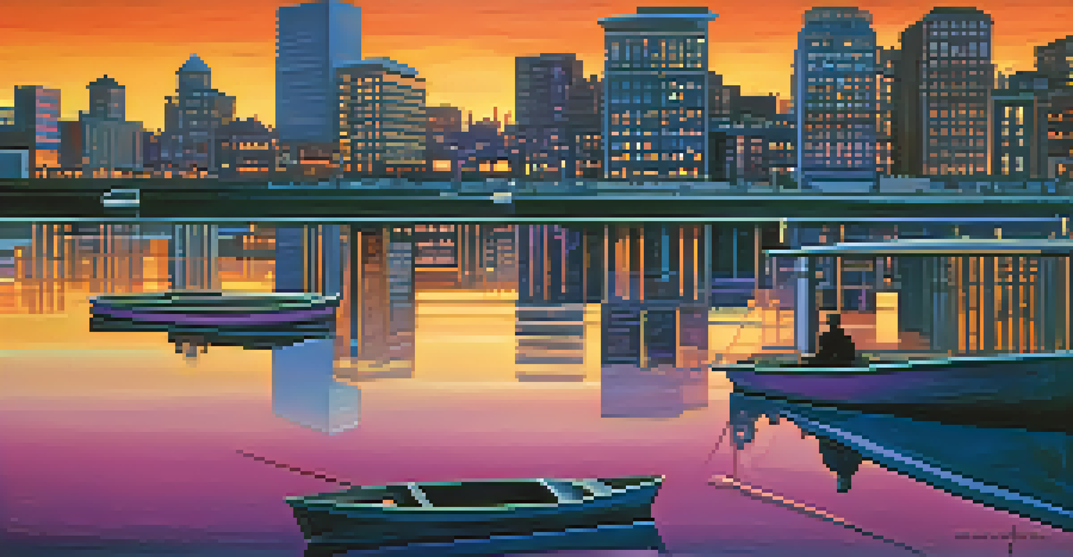 An urban skyline at dusk with glowing windows and a sunset reflected in a river, creating a colorful sky.