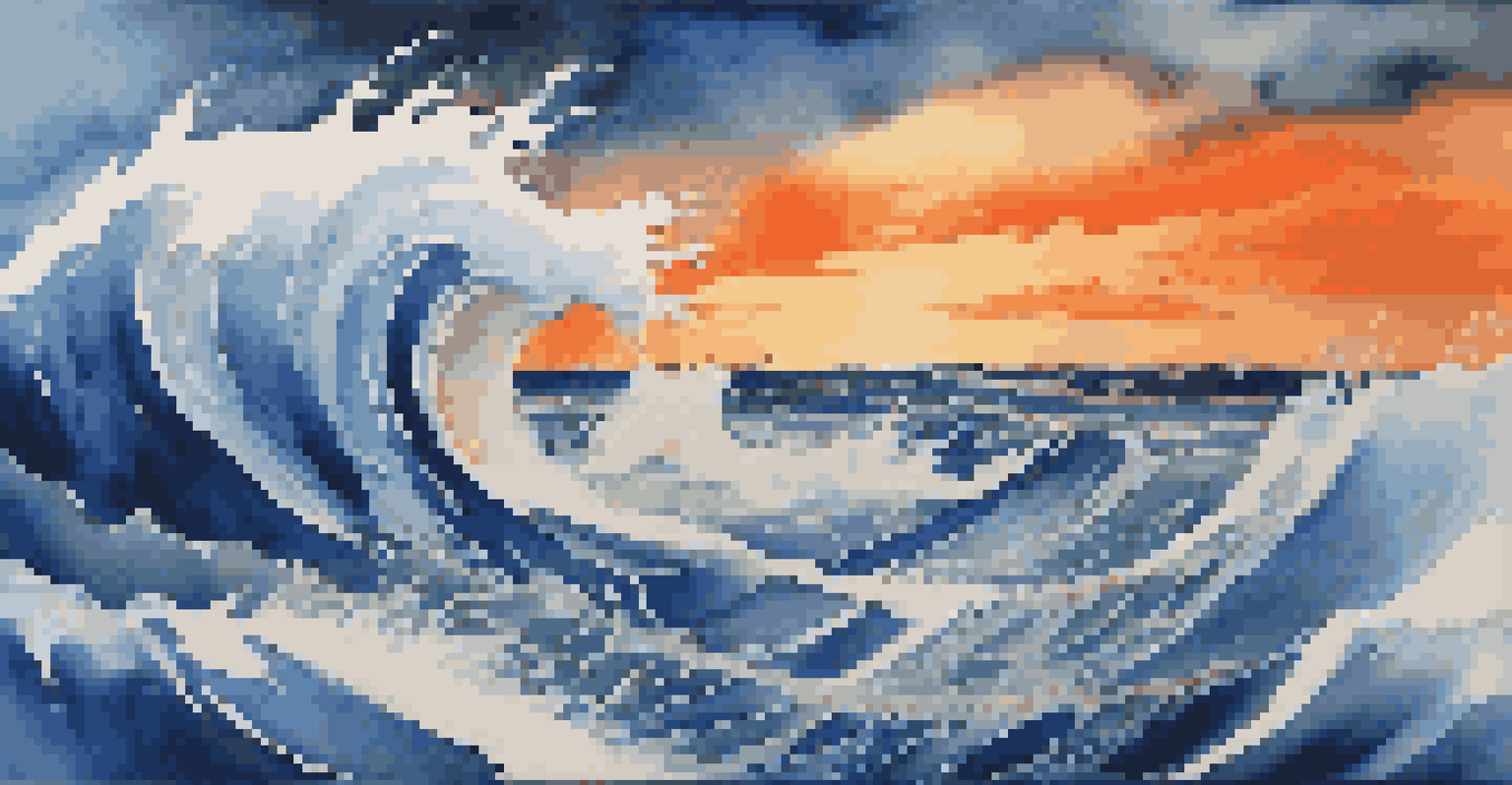 An abstract scene of a turbulent sea with crashing waves, representing market volatility, featuring vibrant colors and a bright sunset.