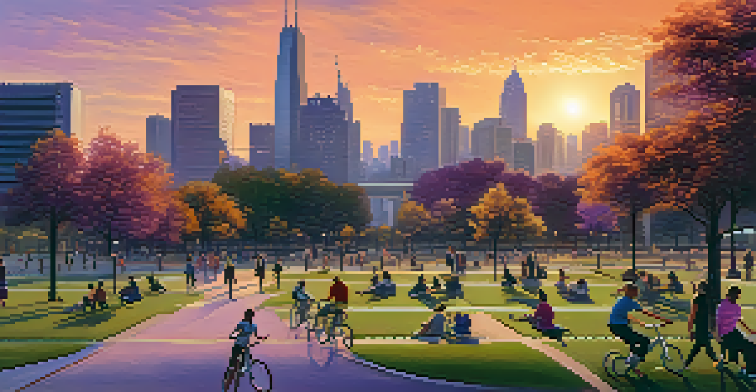 A vibrant city skyline at sunset with people jogging and cycling in a park.
