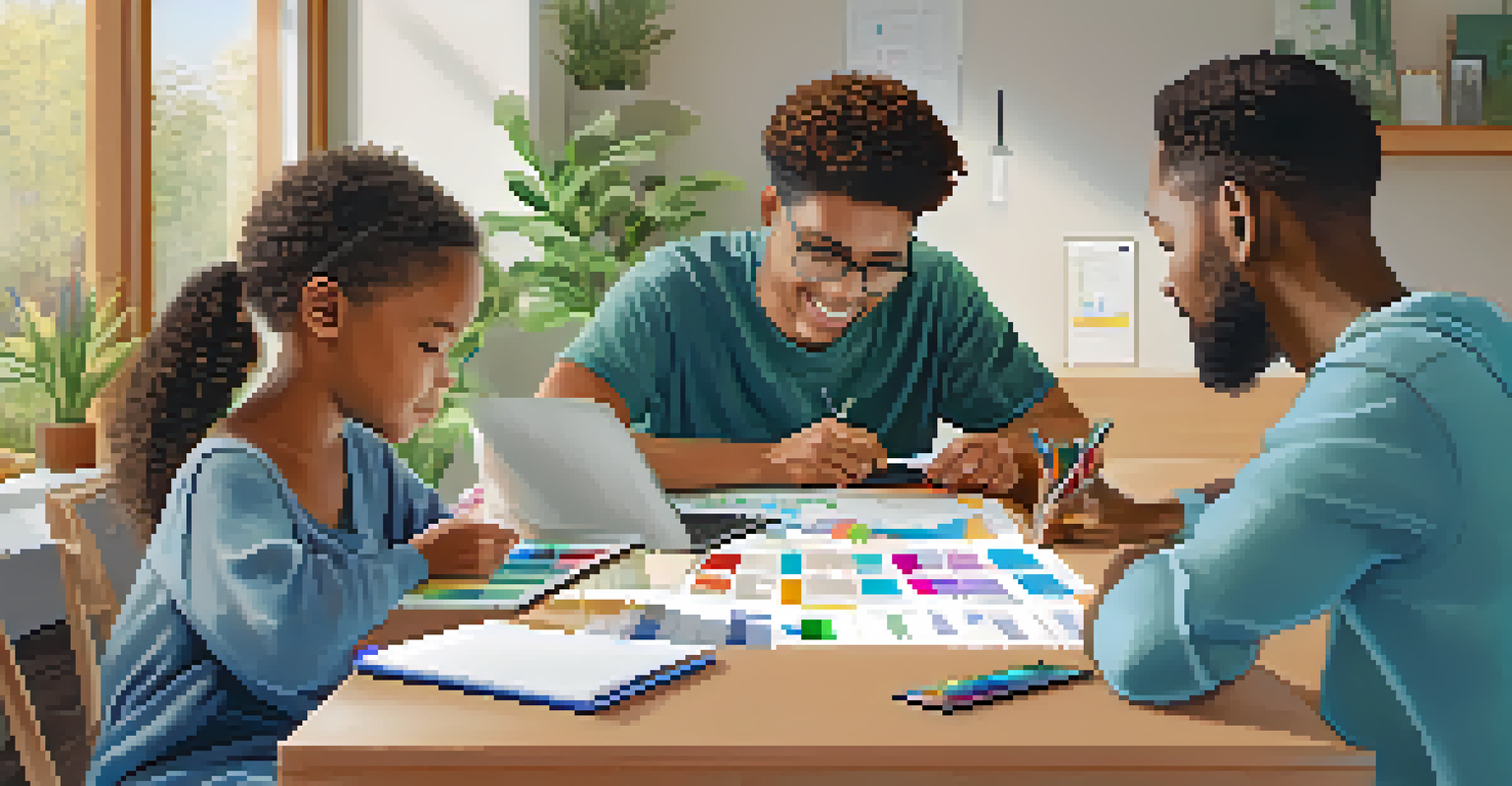 A family sitting around a table, discussing budgeting with colorful charts and a laptop, showing a collaborative learning atmosphere.