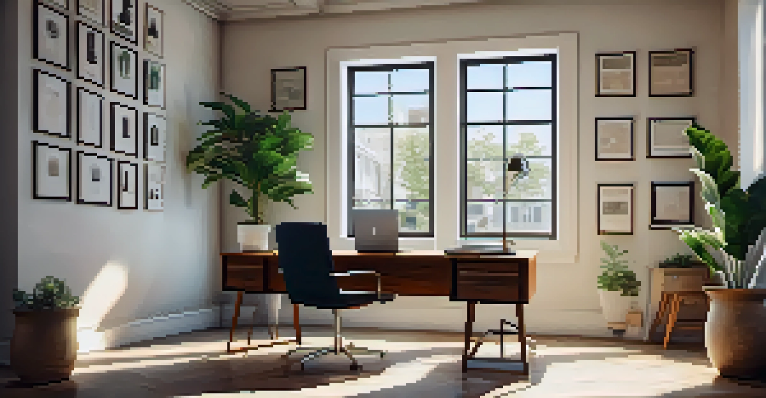 A peaceful office workspace with a desk, laptop, potted plant, and coffee cup, illuminated by natural light from a window.
