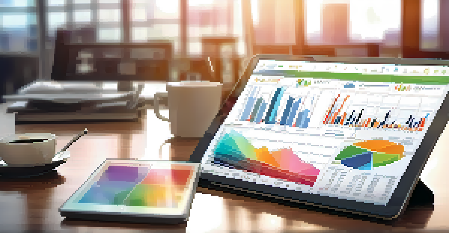 A close-up of a financial chart on a tablet with colorful graphs, placed on a modern desk with notes and a coffee cup.