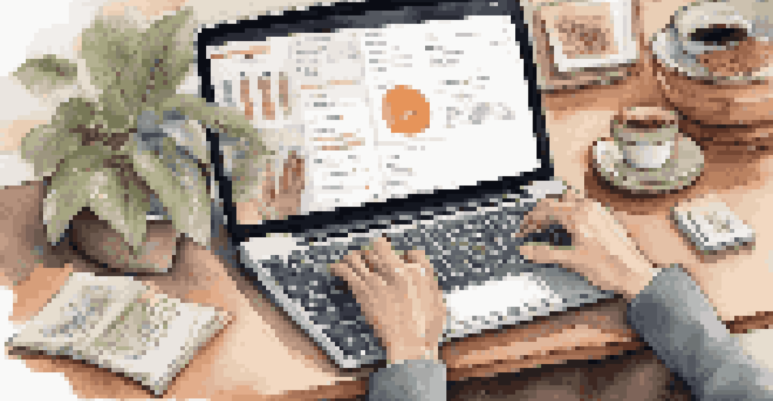 Close-up of hands using a laptop with coffee and notes in a warm home office environment.