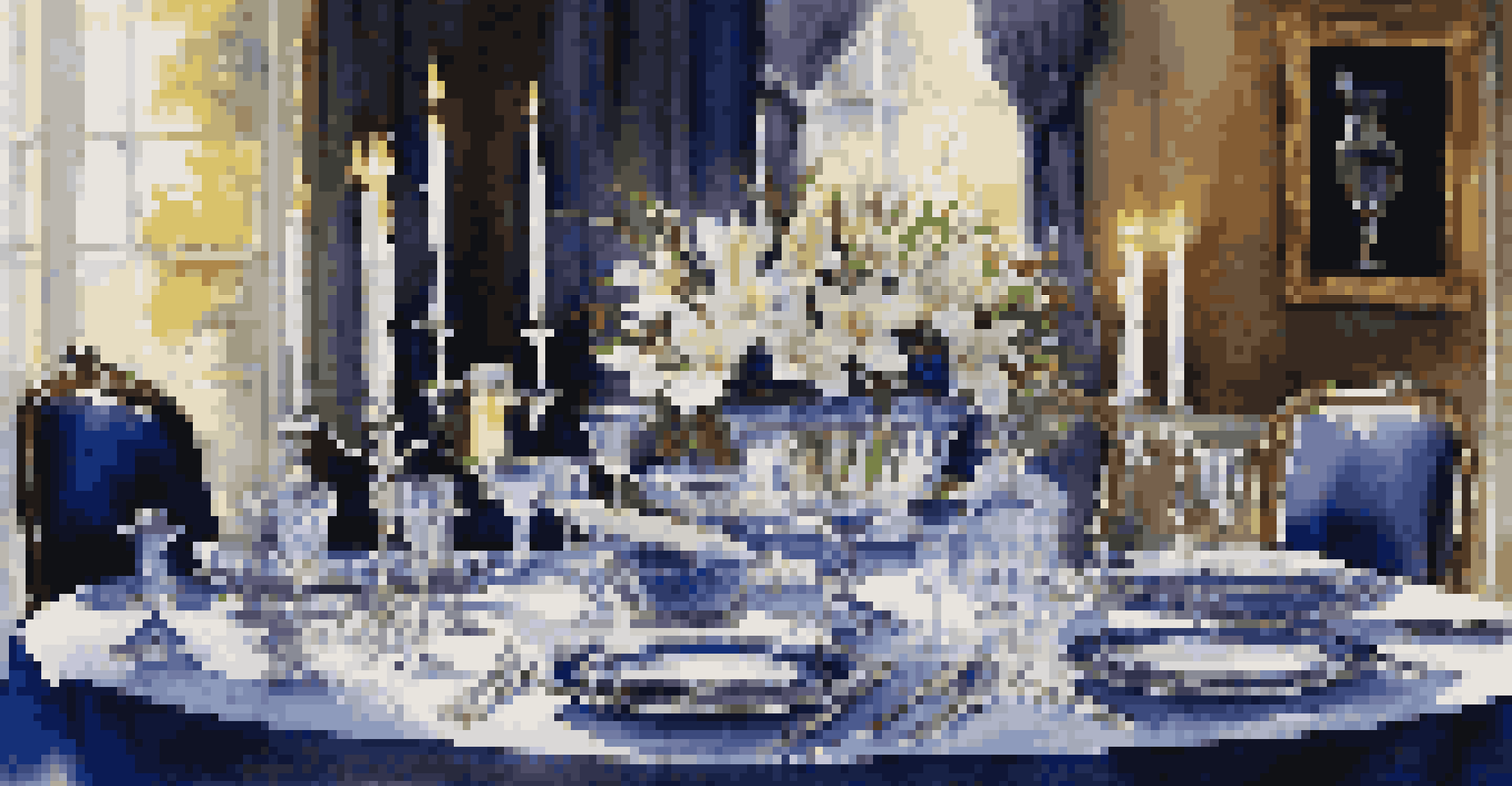 A beautifully set formal dining table with fine china, crystal glasses, and a floral centerpiece under candlelight.