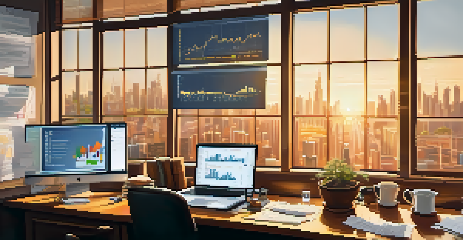 An office desk of a central banker with reports, a laptop, and coffee, illuminated by warm sunlight.