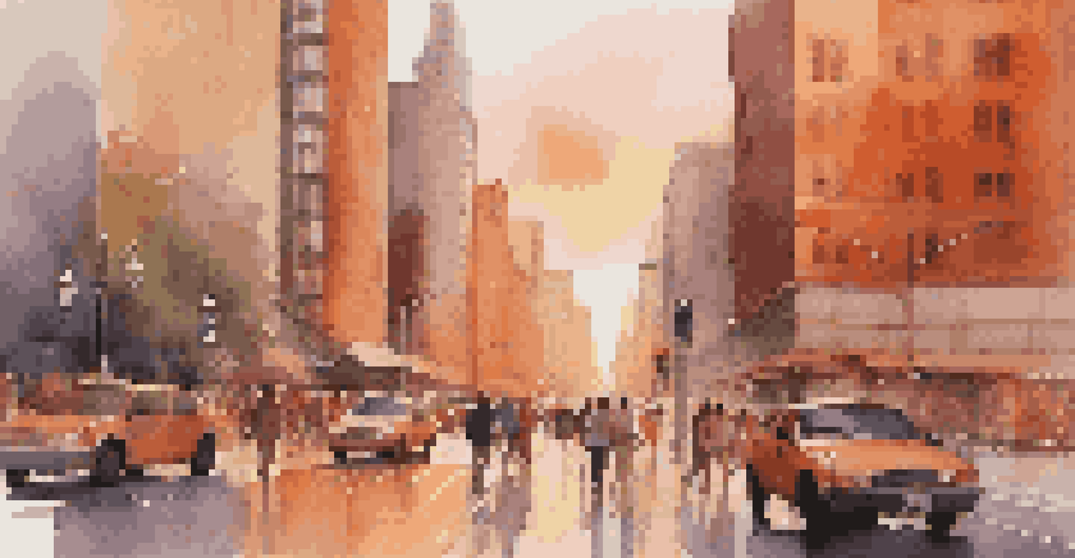 A lively city street at sunset with skyscrapers, pedestrians, and cars.