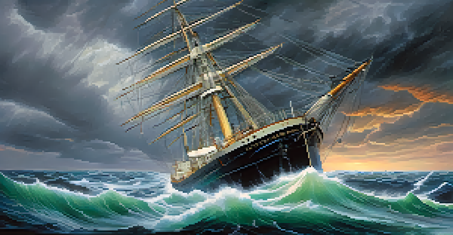 A captain on a ship in a stormy sea, urgently patching leaks, symbolizing the financial system during economic crises.