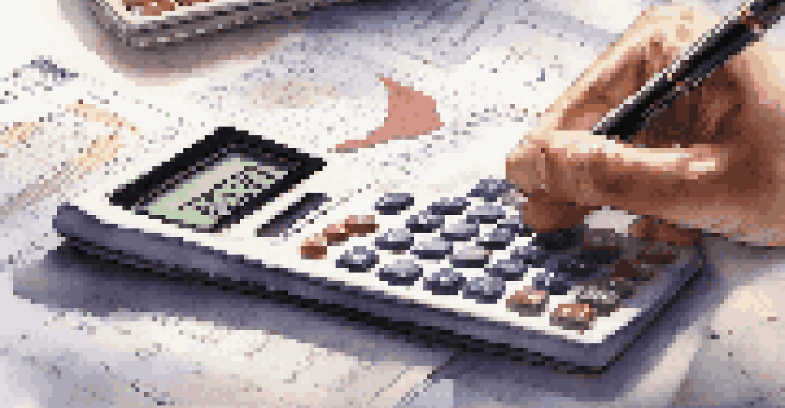 A businessman calculates finances using a calculator and financial report in a warm, focused setting.