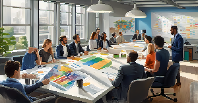 A diverse group of entrepreneurs in a bright office space discussing business strategies with charts on the wall.