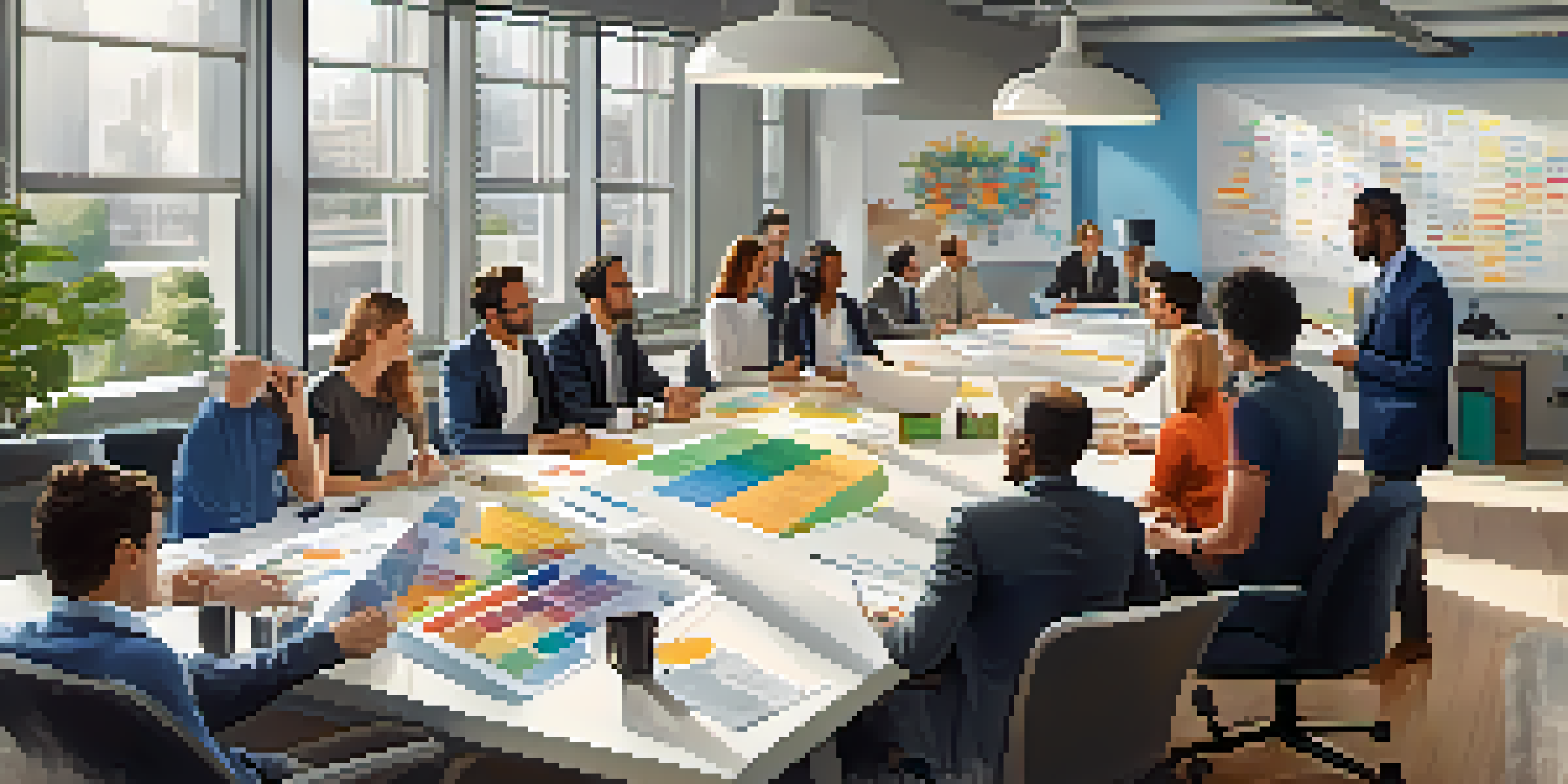 A diverse group of entrepreneurs in a bright office space discussing business strategies with charts on the wall.