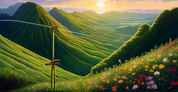 A person walking on a tightrope above a green valley during sunset, representing financial stability.