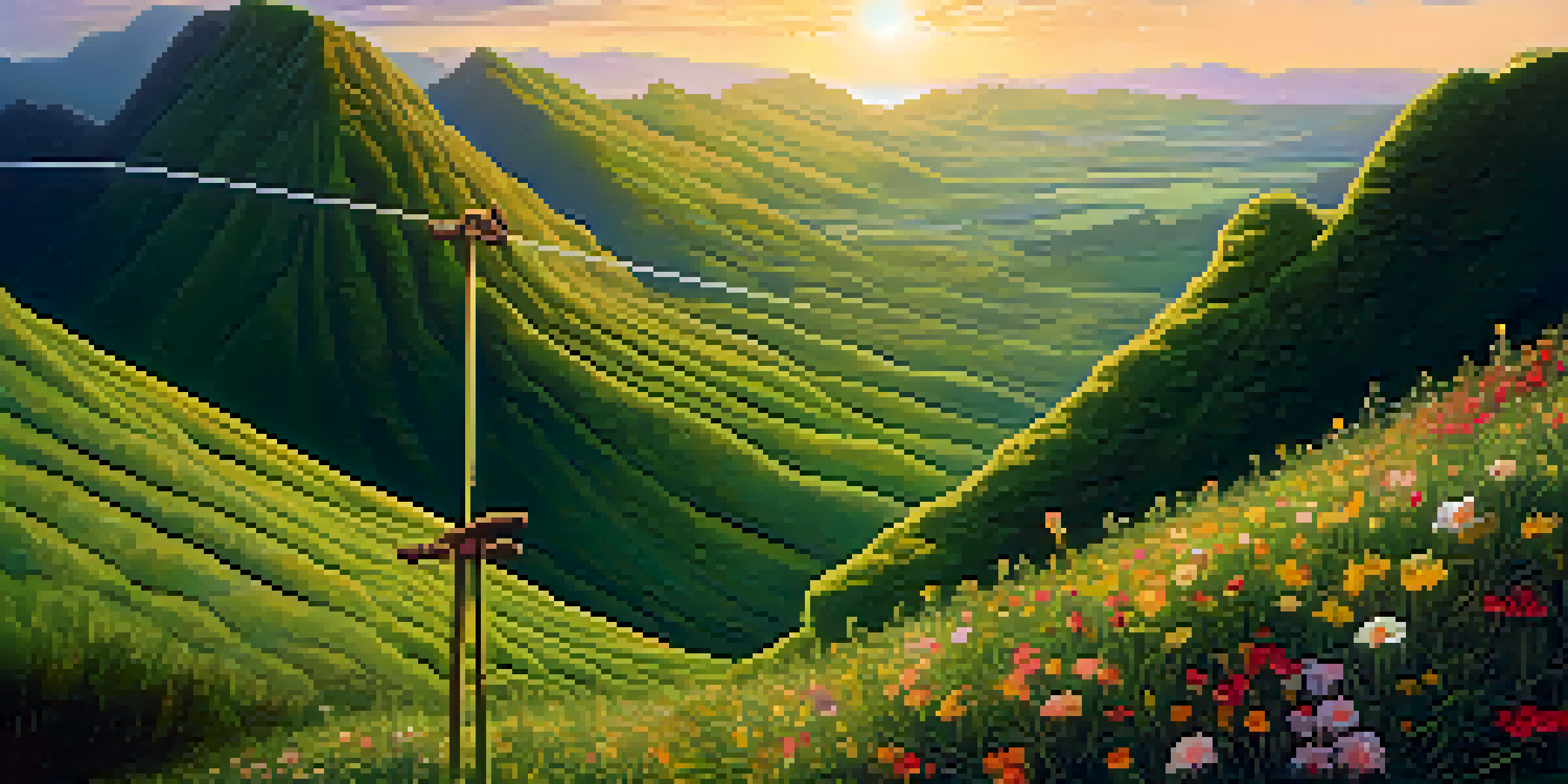A person walking on a tightrope above a green valley during sunset, representing financial stability.