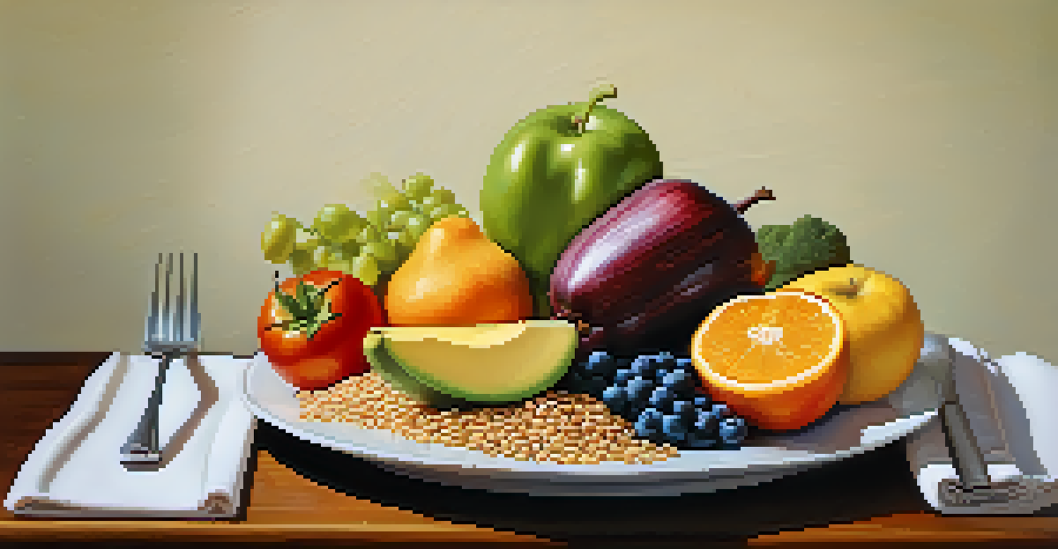 A balanced diet plate filled with colorful fruits, vegetables, and grains, representing diversification in investing, set on a wooden table with natural light.