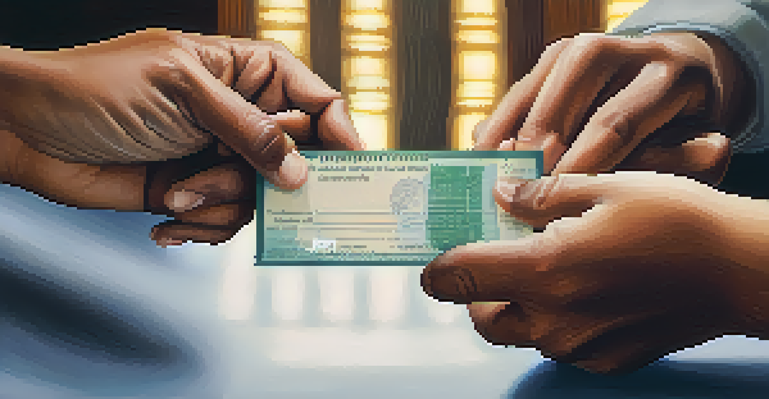 Close-up of diverse hands exchanging a donation check, with a community center in the background.