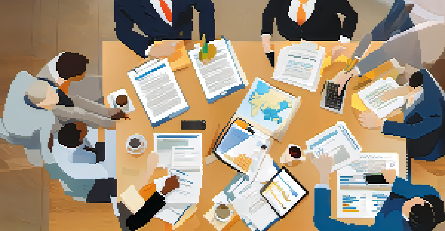 An overhead view of a negotiation table where diverse professionals discuss, surrounded by documents and data displays in a well-lit room.