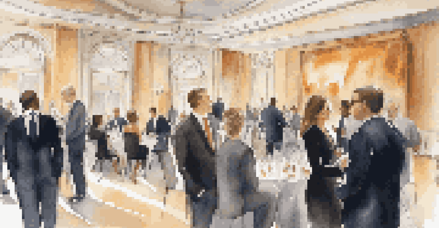 A networking event with professionals interacting in a stylish venue, surrounded by soft lighting and a wealth management theme.