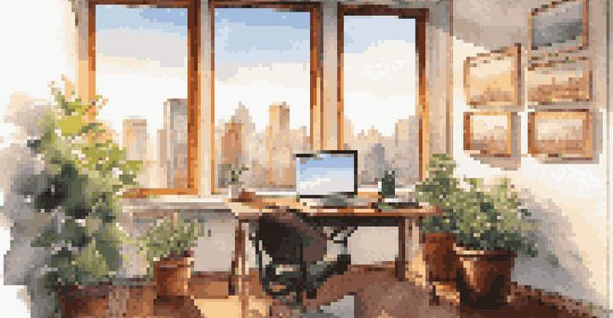 A bright office space featuring a view of a city skyline, with a desk full of financial reports and a laptop, illuminated by sunlight.