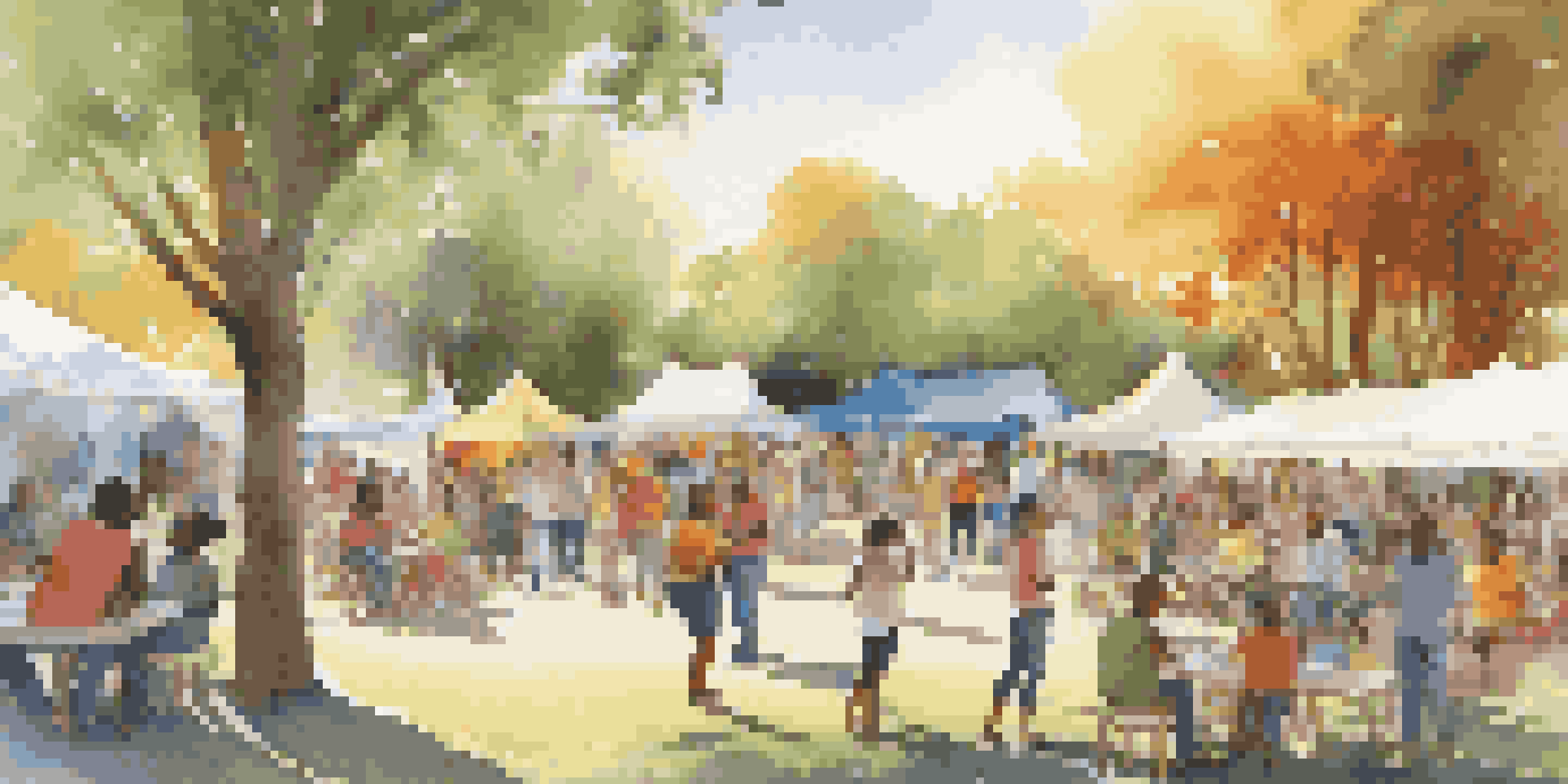 A lively community event in a park with people of diverse backgrounds engaging in discussions and activities, surrounded by colorful tents and banners.