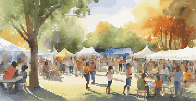 A lively community event in a park with people of diverse backgrounds engaging in discussions and activities, surrounded by colorful tents and banners.