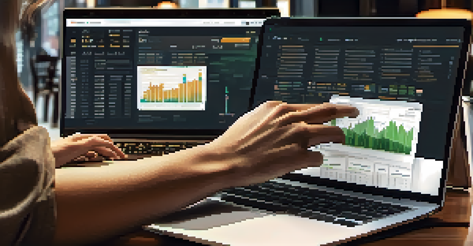 Close-up of hands typing on a laptop in a coffee shop, with investment performance charts visible on the screen.