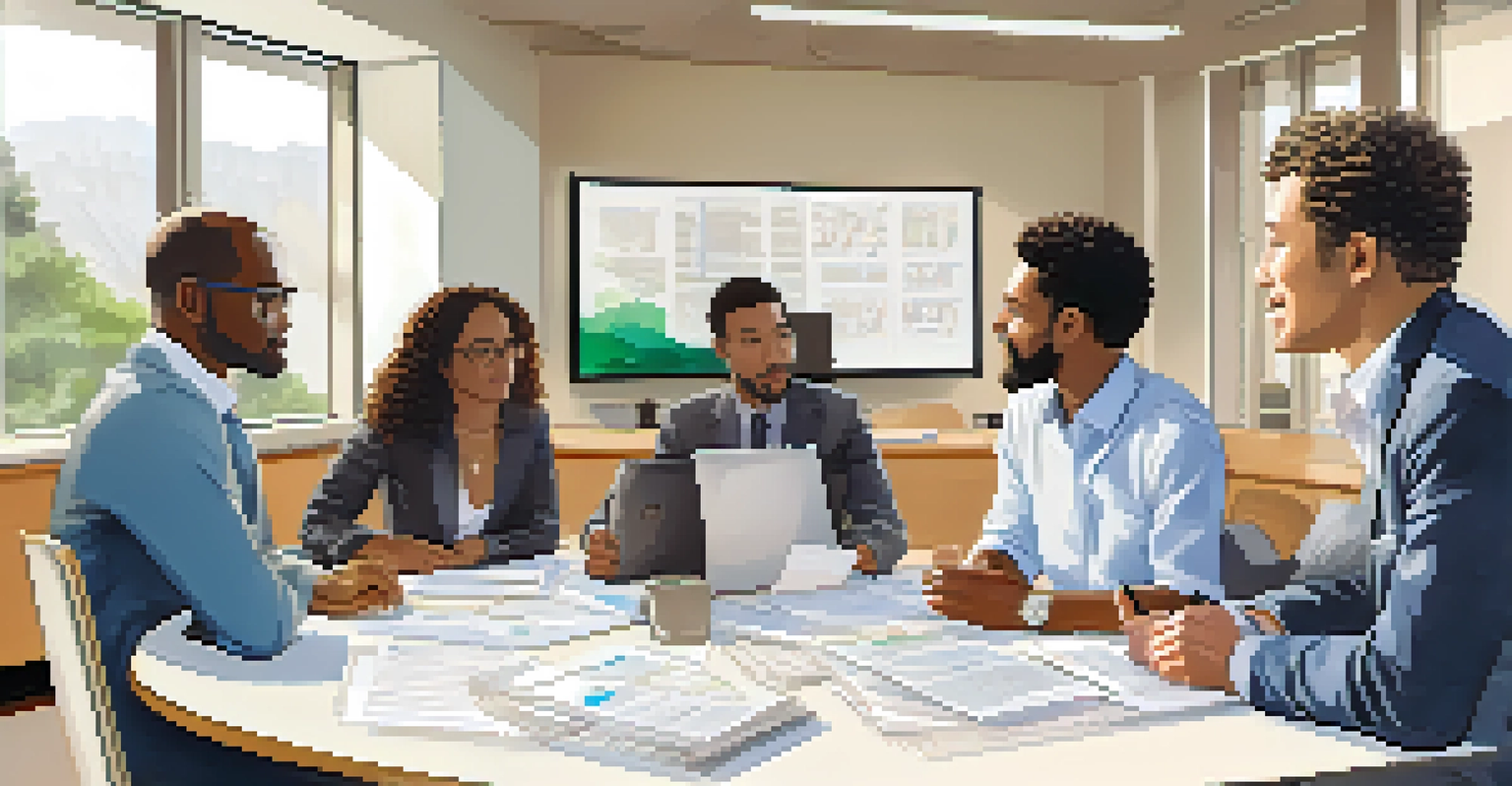 A group of diverse individuals collaborating on financial strategies in a bright conference room.