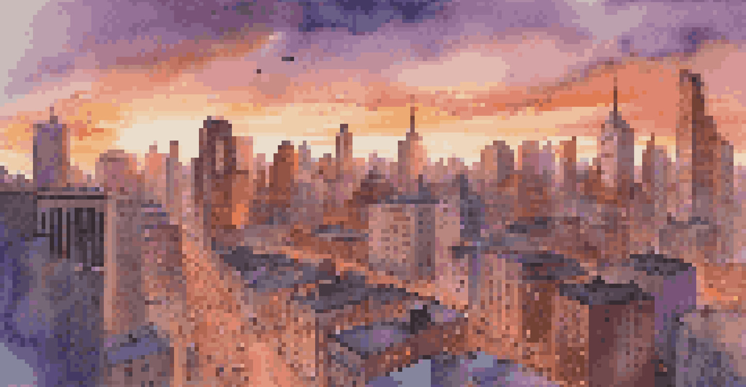 A city skyline at sunset with modern skyscrapers and historic buildings illuminated by the setting sun.