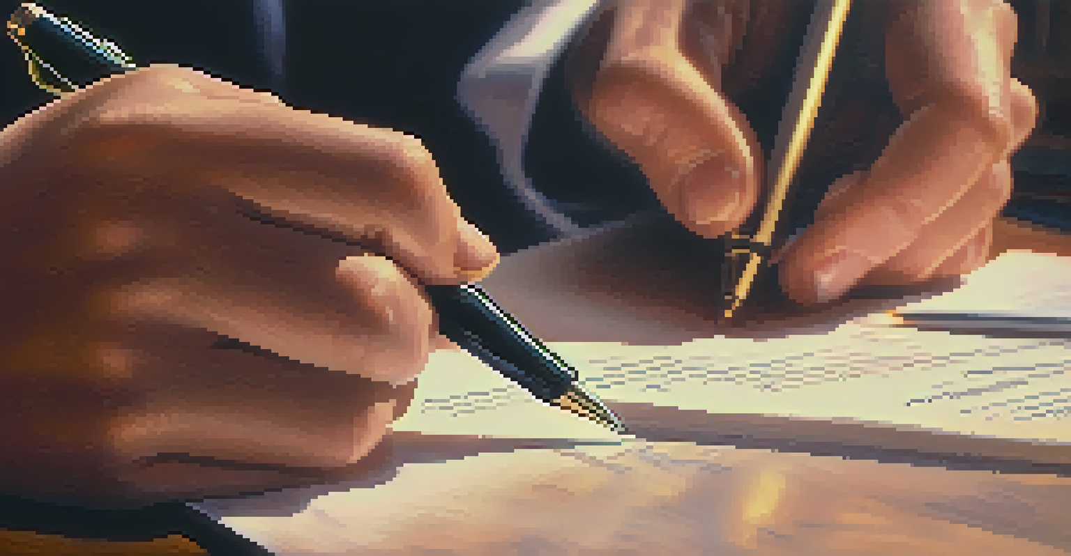 A close-up of hands writing on a financial document with financial books and a calculator blurred in the background.