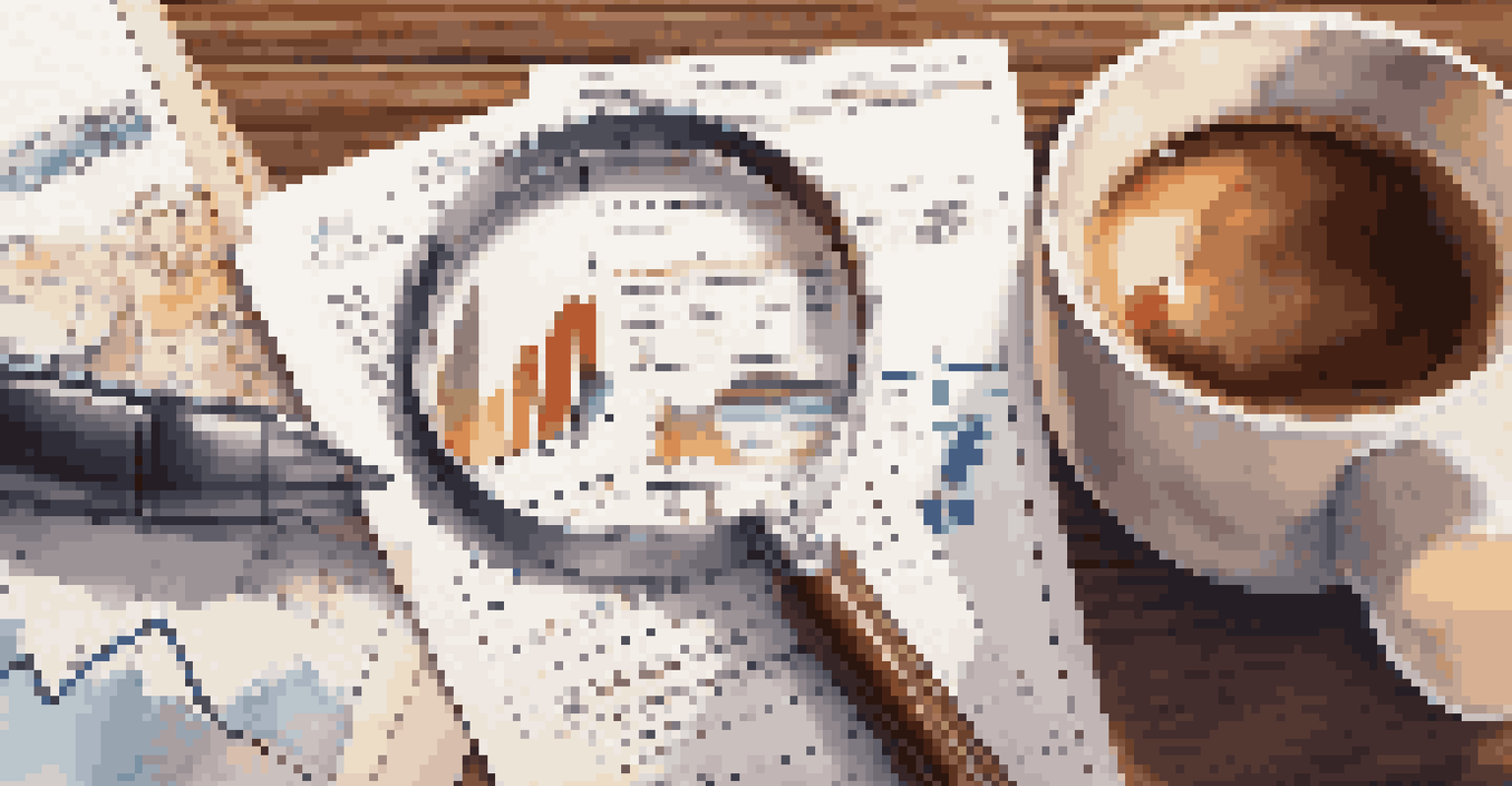 A close-up of a hand with a magnifying glass examining financial documents on a wooden desk with a laptop and coffee cup.