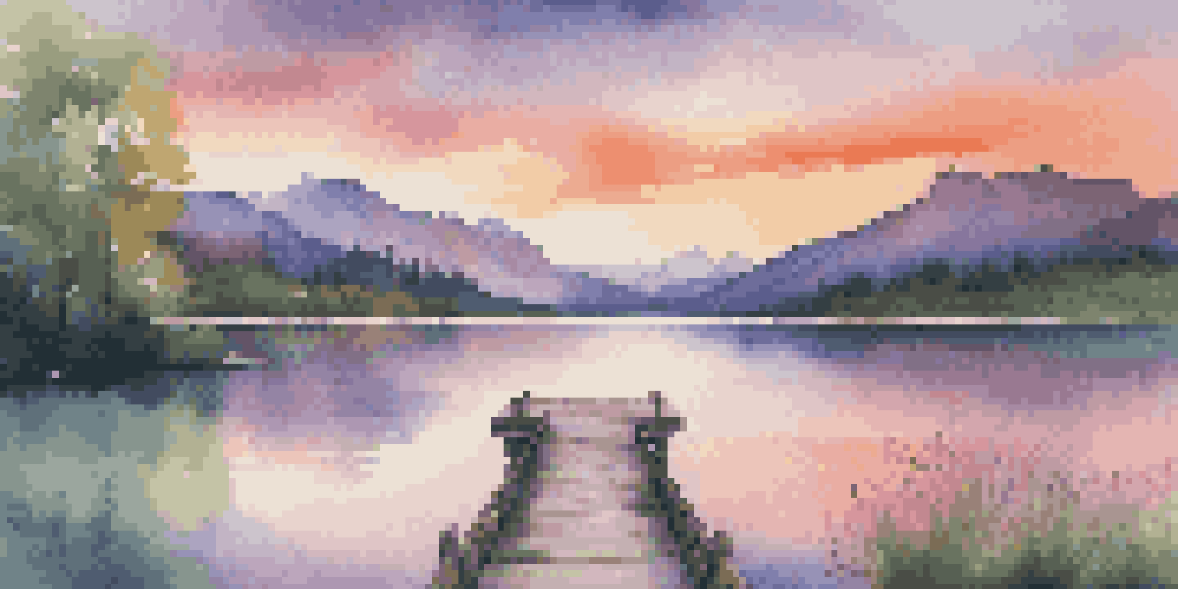 A tranquil lake surrounded by mountains at sunset, with vibrant sky colors reflecting on the water and a wooden dock.