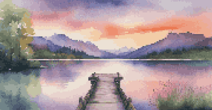 A tranquil lake surrounded by mountains at sunset, with vibrant sky colors reflecting on the water and a wooden dock.