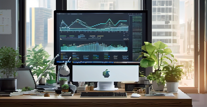 A modern office workspace with a computer showing AI algorithms and financial charts, bright natural light, and potted plants.