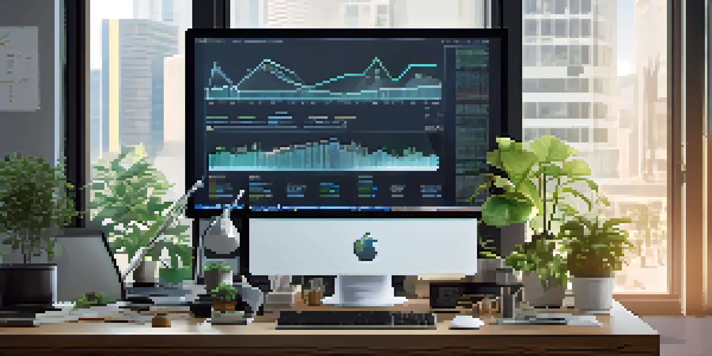 A modern office workspace with a computer showing AI algorithms and financial charts, bright natural light, and potted plants.
