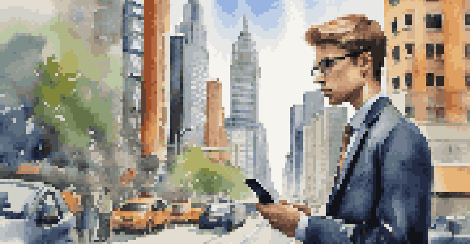 A young graduate standing on a city street, looking at job listings on their smartphone, surrounded by skyscrapers.