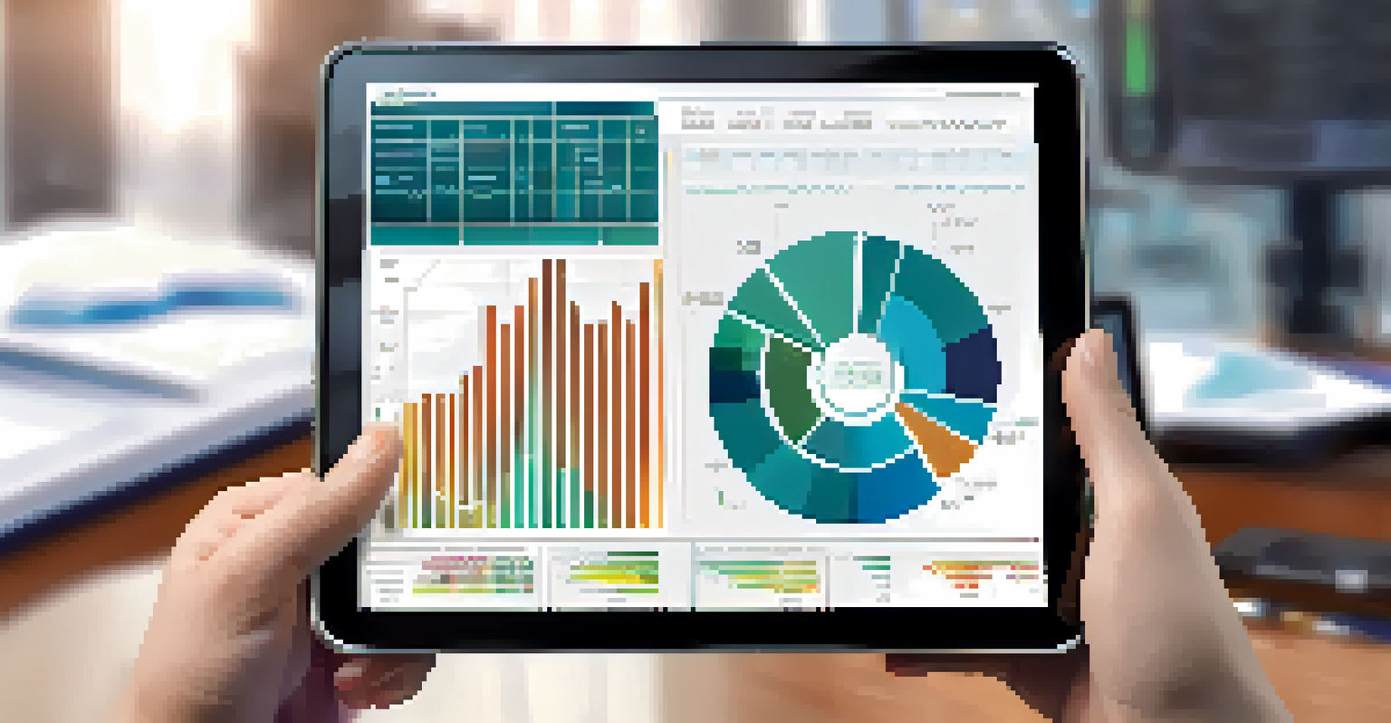 A close-up of a hand using a magnifying glass on a tablet showing quantitative analysis graphs, with a blurred office background.