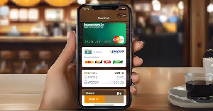 A close-up of a smartphone with a digital wallet app open, set in a cozy coffee shop atmosphere.