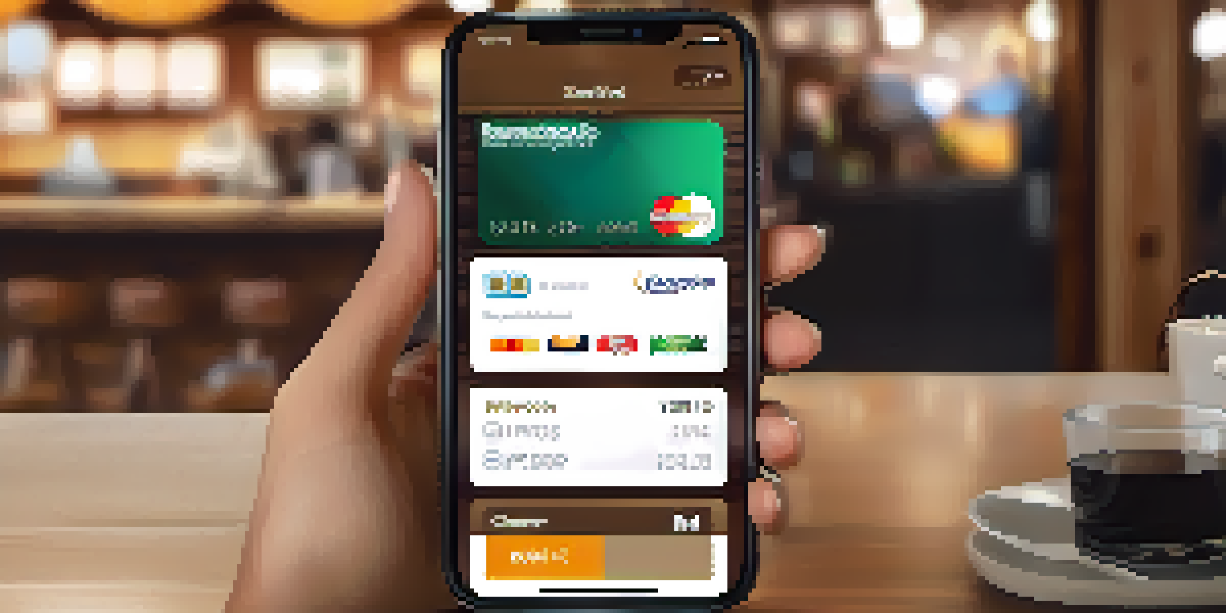A close-up of a smartphone with a digital wallet app open, set in a cozy coffee shop atmosphere.