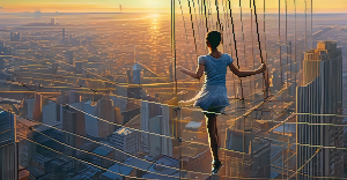 A tightrope walker high above a city skyline with a safety net below, illuminated by a golden sunset.