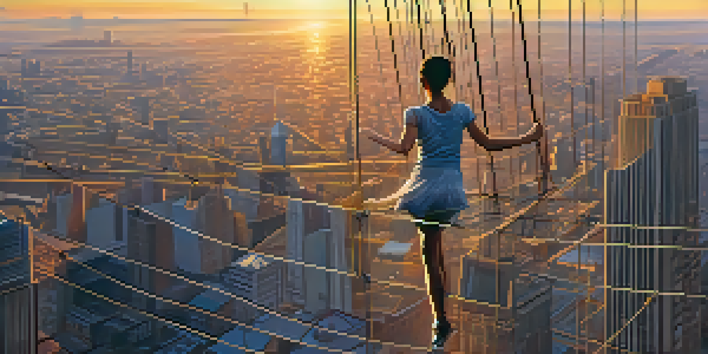 A tightrope walker high above a city skyline with a safety net below, illuminated by a golden sunset.