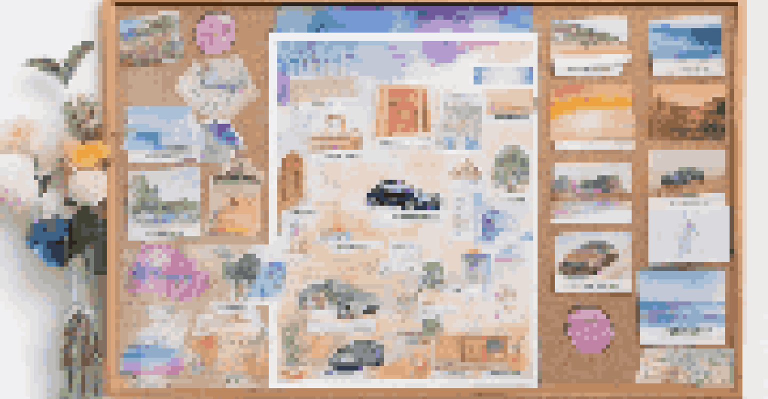 A corkboard filled with colorful images and affirmations representing financial goals, with a blurred background.